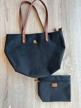 Ralph Lauren Black Nylon Tote with Brown Leather Trim and Gold Logo